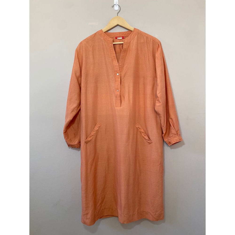 HALSTON III Vintage 100% Silk Orange Band Collar‎ Button Front Shirt Dress Sz 14